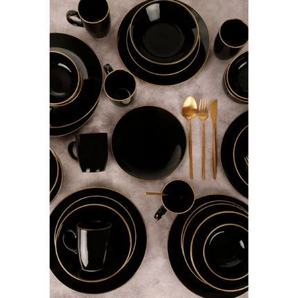 24pc Black Ceramic Dinner Set With Gold Rims