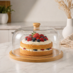 Bamboo base cake/fruit stand with acrylic top dome cover - Image 2