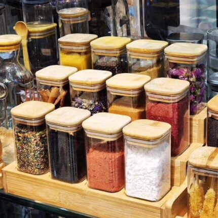 12pcs Square Glass Spice Jar set withWooden Bamboo Stand