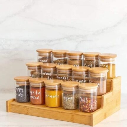 15pcs Glass Spice Jar set with a Wooden Bamboo Stand