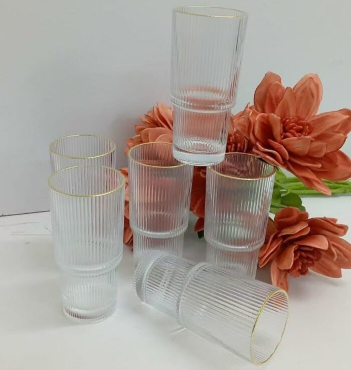 Highball rystal Ribbed Glasses With Gold Rim