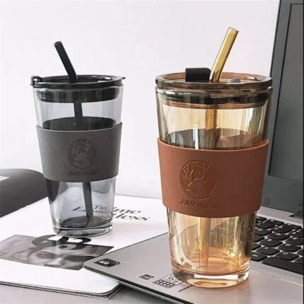 Glass Tumbler/Cup With Straw and Leather Protective Sleeve