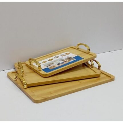 3 in 1 Rectangular Bamboo Tray With Golden Handles