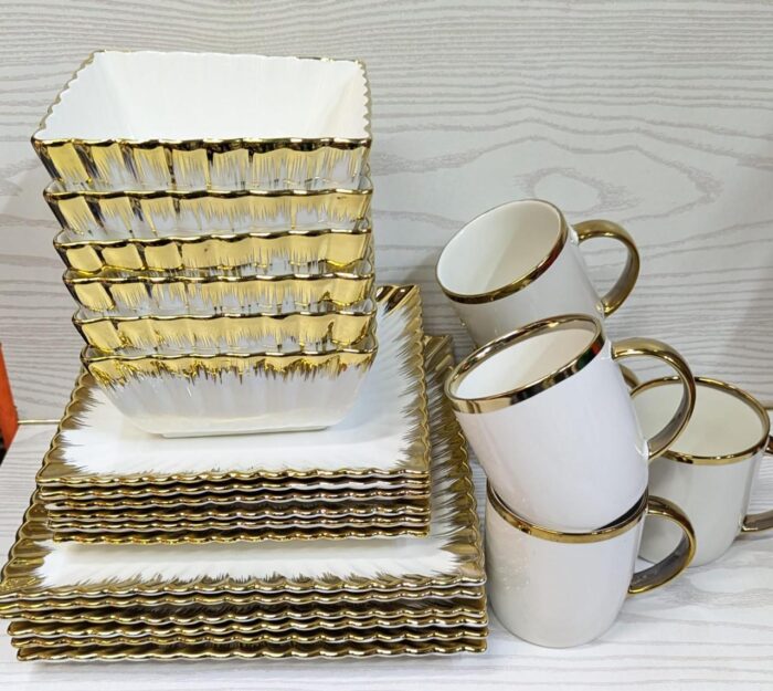 24pc Squared Dinner Set with Gold Rim