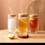 Highball crystal glass cups with lines.