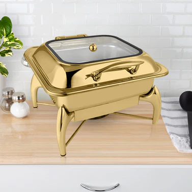 Square Gold Chaffing Dish With Gold Knob.