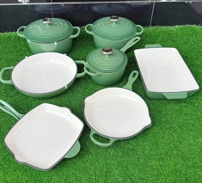 Green 7pcs Enamel Cast Iron Cooking Pots