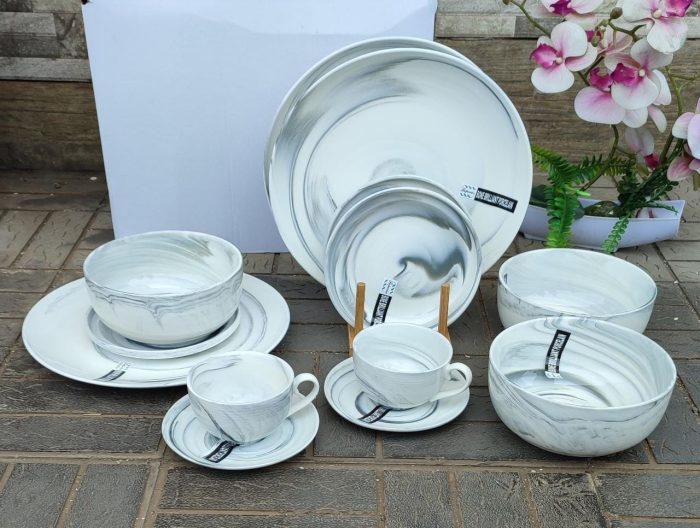 36pcs Grey-marble Nordic Classy Dinner Set With Gold Rim