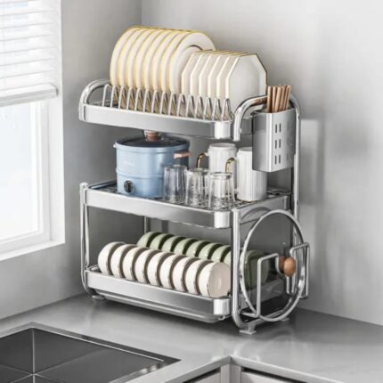 3-Tier Kitchen Chrome Plated Dish Rack With Drain Tray.