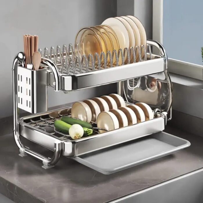 2-Tier Kitchen Chrome Plated Dish Rack With Drain Tray