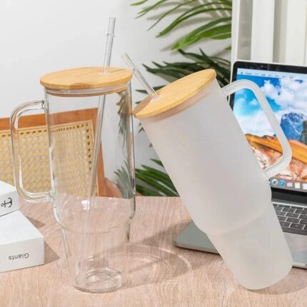 Borosilicate Bamboo Drinking Glass Cup/tumbler With Lid + Straw