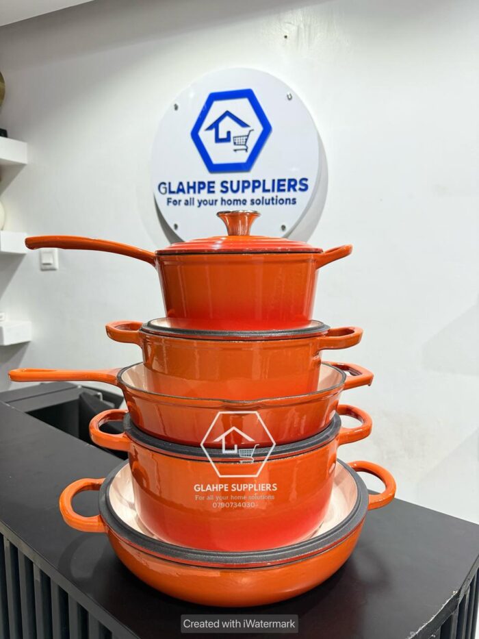 5pc Orange Cast Iron Cooking Pots