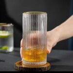 Long Ribbed Highball Glass with Gold Rim