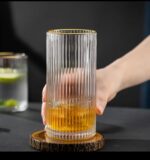 Long Ribbed Highball Glass with Gold Rim