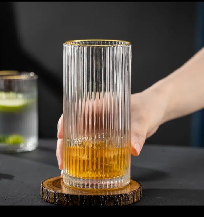Long Ribbed Highball Glass with Gold Rim