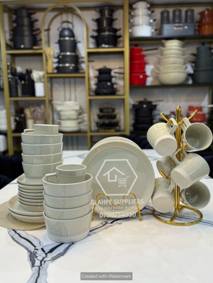 32pcs Cream White & Green Dinner Set