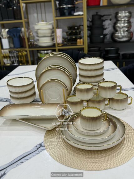 32pc White Brown Porcelain Dinner Set