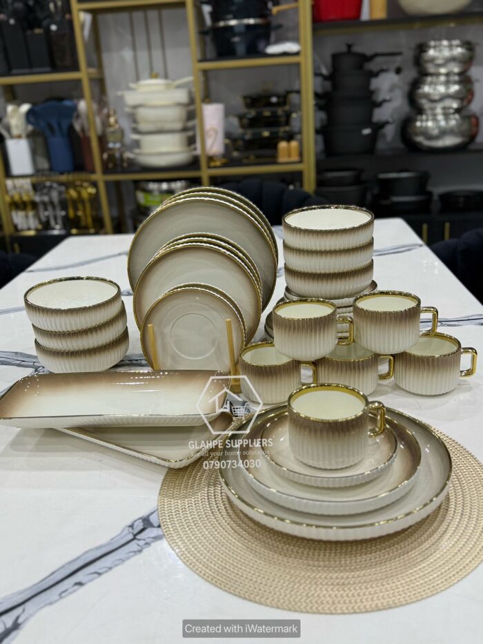 32pc White Brown Porcelain Dinner Set