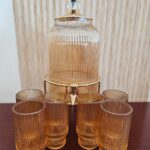 Amber Ribbed Glass Beverage Dispenser Set