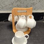 6-Piece Ceramic Cup & Saucer Set with Wooden Stand 