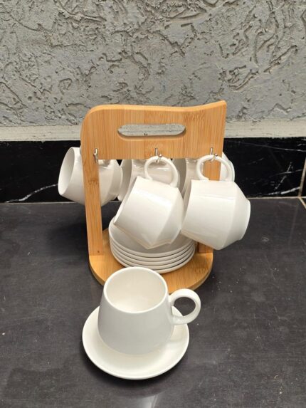 6-Piece Ceramic Cup & Saucer Set with Wooden Stand 