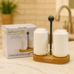 Elegant Ceramic Salt and Pepper Shaker Set with Wooden Stand