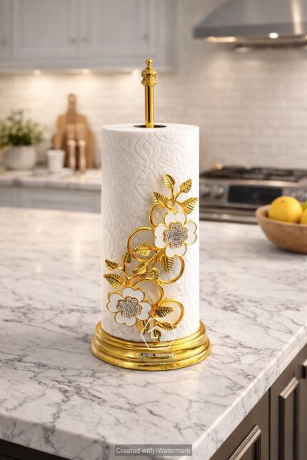Gold floral paper towel holder