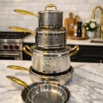 10pcs Uakeen stainless steel cookware with gold handles