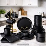 32pcs black ribbed dinner set