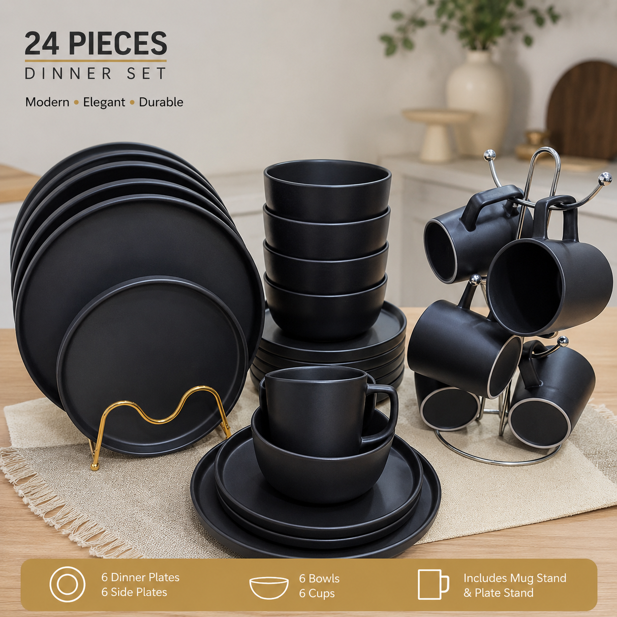 376B6957-841A-4F89-818F-9AA5E7CD0FBE 24 pieces black dinner Set - Image 1
