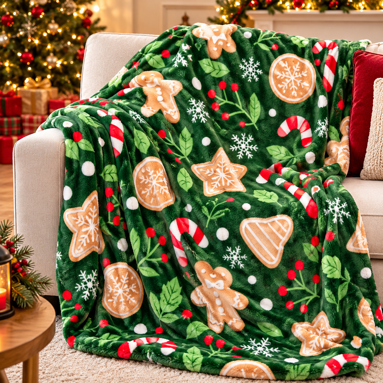 85553F81-680A-4988-8250-5E26E6C23000 Christmas themed green fleece blanket - Image 1